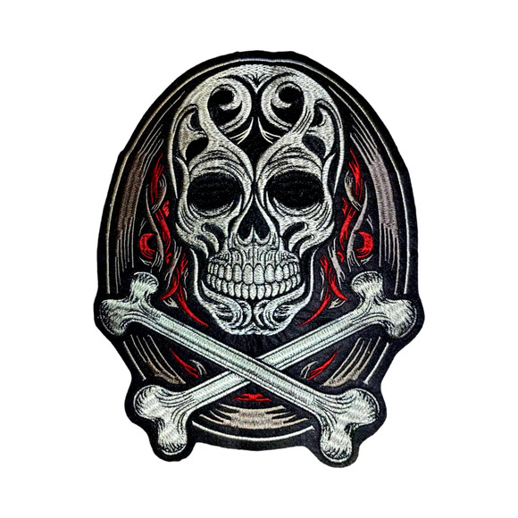 Red Black Silver Shimmering Silk Needlework Skull & Cross Bones Large Patch - Picture 1 of 3